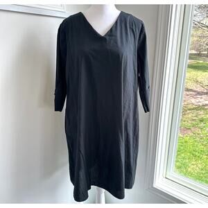 Oak + Fort Lagenlook Cottage Oversized‎ XS Black Cotton Shift Dress Pockets